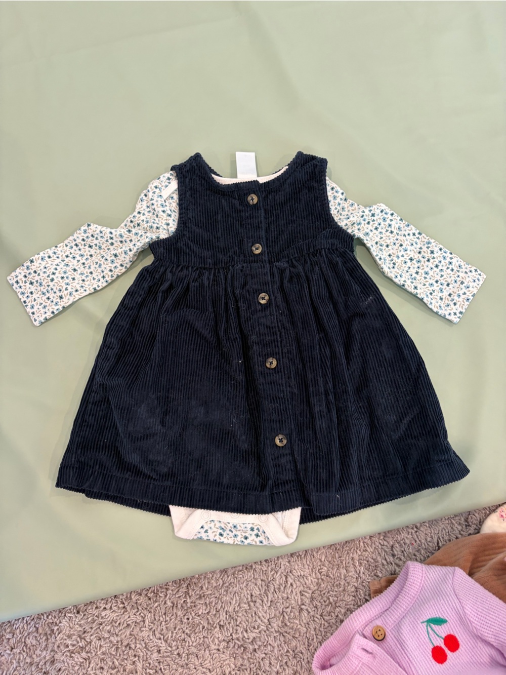 Navy Corduroy Dress with Long Sleeve Onesie